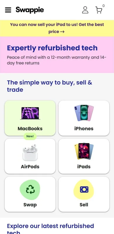 Swappie homepage after: a category grid with MacBooks, iPhones, AirPods, iPads, Swap and Sell