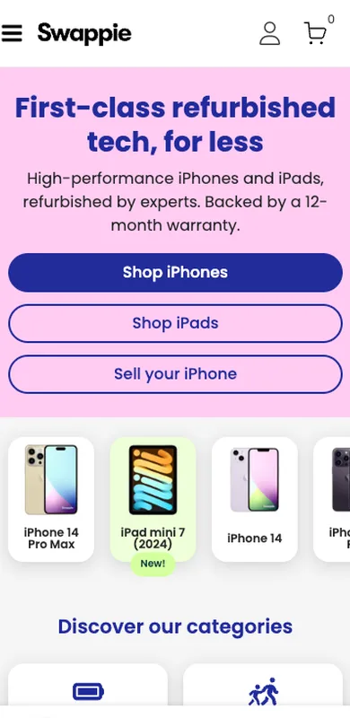 Swappie homepage before, February 2026: an iPhone-first hero with Shop iPhones and Shop iPads buttons