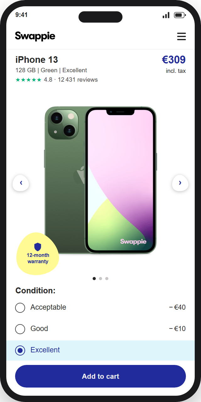 Mockup of the redesigned Swappie iPhone product page, showing the accessible ListItem2025 layout with condition selector and warranty badge