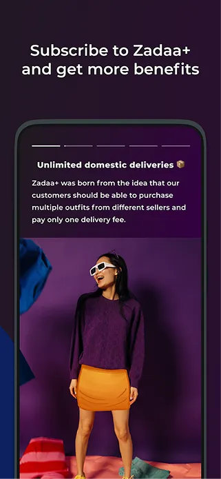 Zadaa+ subscription screen — unlimited domestic deliveries benefit